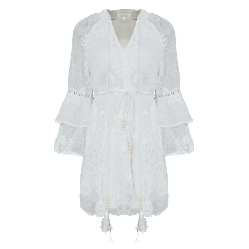 

2020 Women's Clothing New V-neck Drawstring Lace Lace Embroidery Perspective Short Dresses Women White Dress Summer Dress