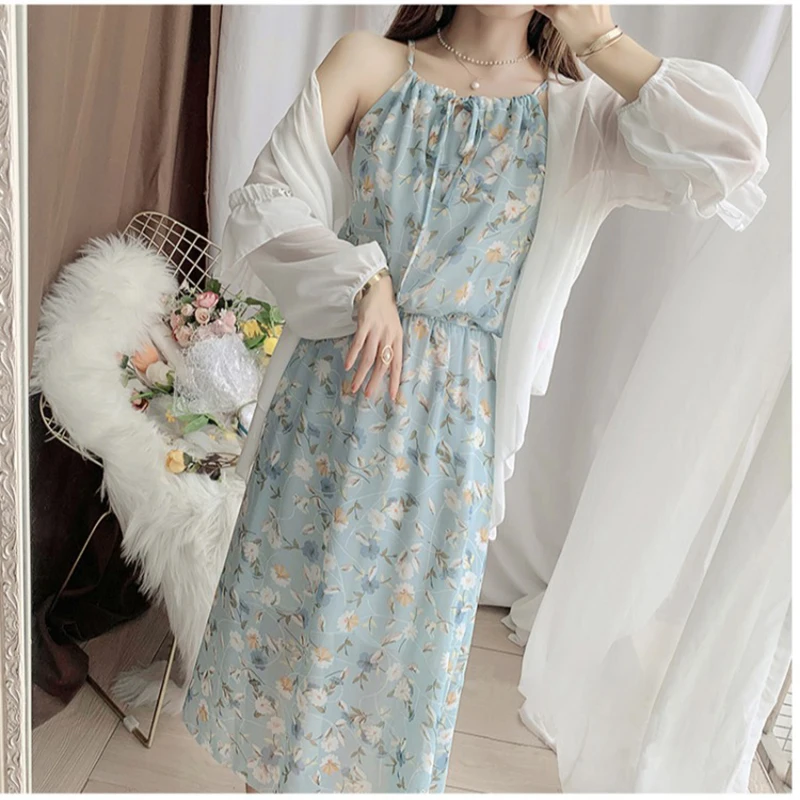 

Seaside Vacation Two-Piece Suit Fashion Sun Protection White Chiffon Shirt Sweet Temperament Floral Print Spaghetti Strap Dress