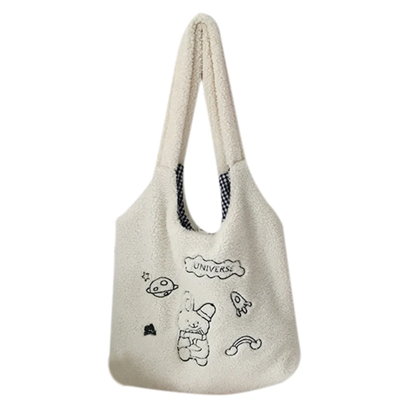 

Fashion Women Lamb Like Fabric Shoulder Bag Handbag Tote Large Capacity Embroidery Shopping Bag Cute Book Bag