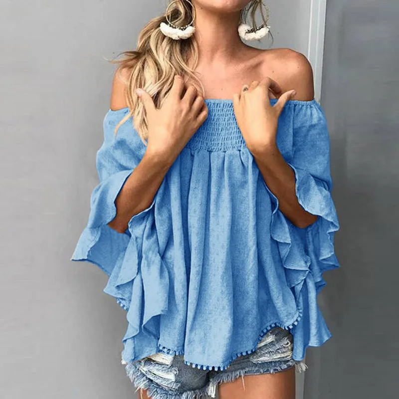 

2021 Summer Ethnic Fringe Loose Top Bat Sleeve Beach Shirt Blusa Ladies Fashion Off Shoulder Pullover Ruffles Elestic Ladies Top