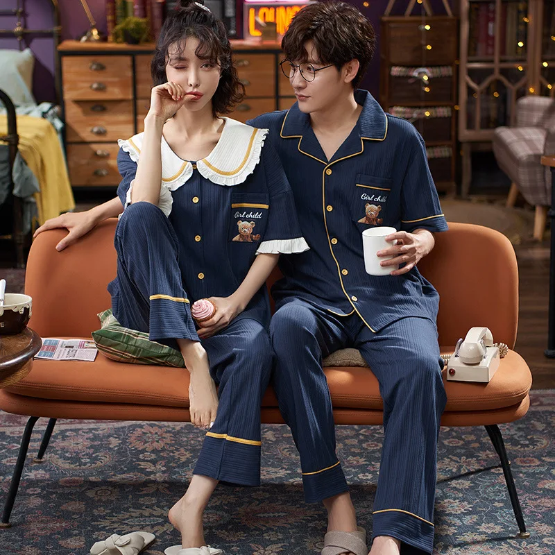 

Couple Pajamas Set Homewear Summer Cotton Cartoon Sweet Doll Collar Short Sleeve Pyjamas Cute Lover Sleepwear Nightwear