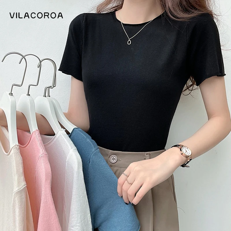 

Summer T-shirts Mujer Screw Thread Black Tees Top Cotton Women Clothes Casual Cropped Tops O-Neck Short Sleeves Blouse Femme