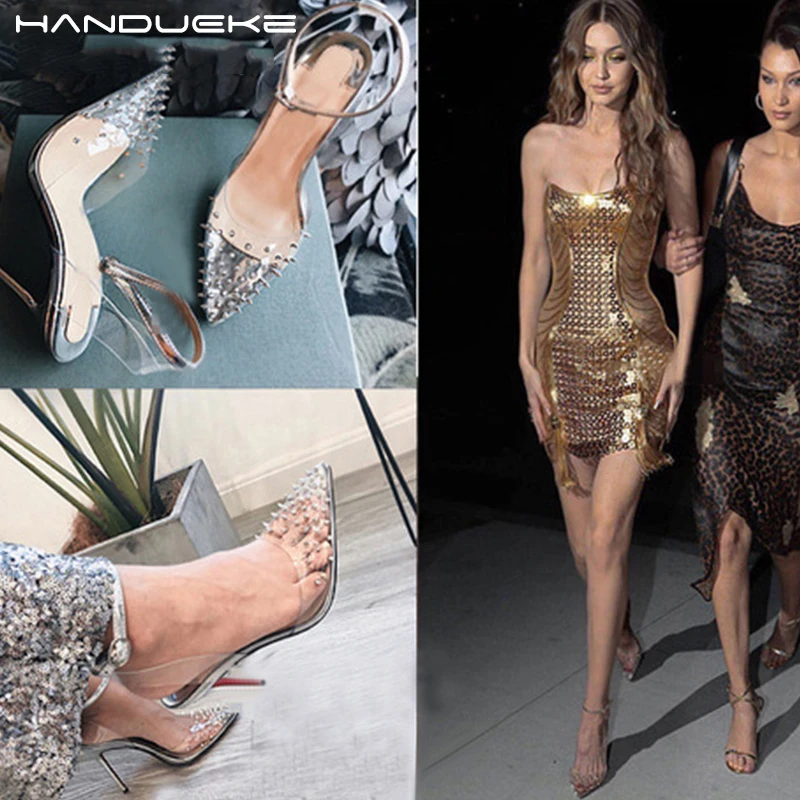 Женские сандалии с заклепками на высоком каблуке прозрачные летние из ПВХ