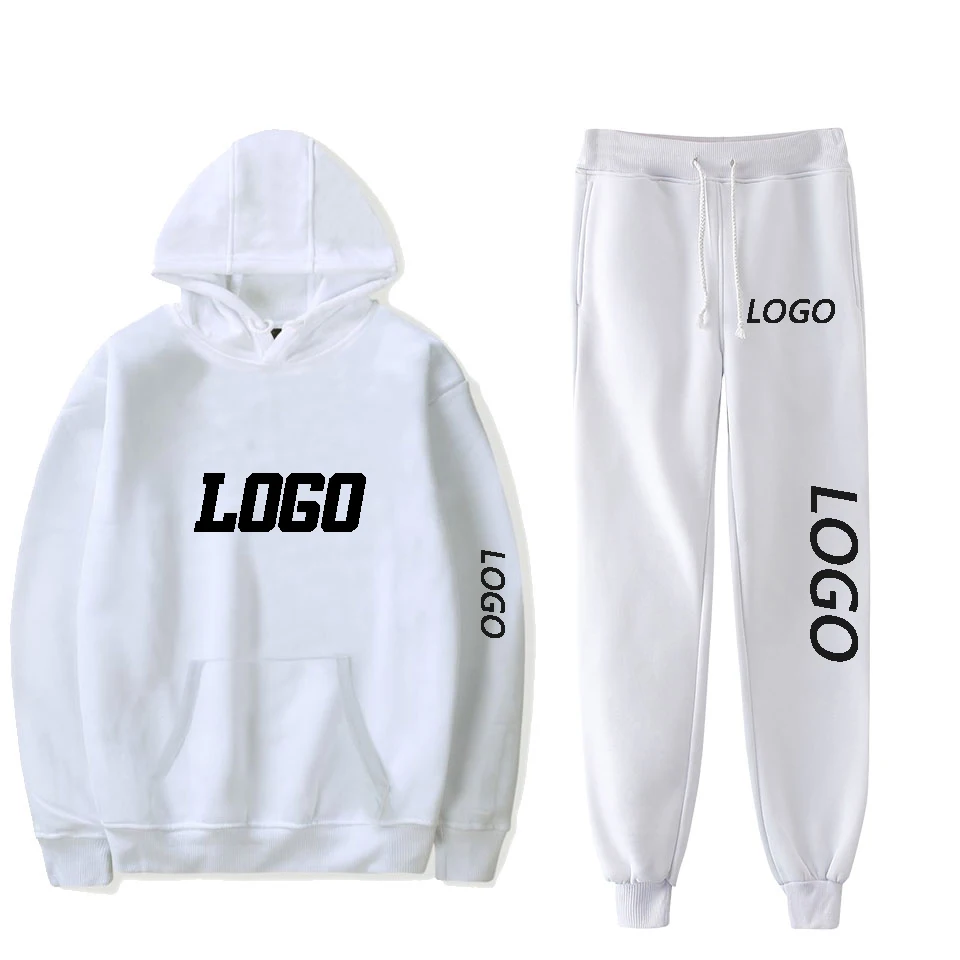 

2021 Customized Logo Hoodies + Sweatpants Two Piece Sets Men Women Harajuku DIY Logo Text Photo Custom Sweatshirt Suits