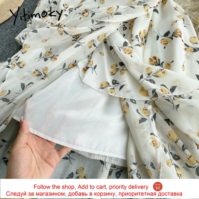 

Yitimoky Floral Print Elastic High Waist Dress Women Puff Sleeve V-Neck Ruffles A-Line 2021 Summer Clothes Korean Boho Sundress