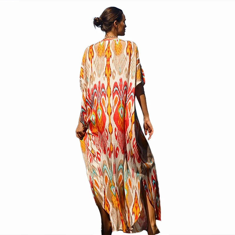 

Women Dress Autumn New V-neck Half Sleeve Loose Irregular Dress One Size Beach Batwing Print Female Holiday Bohemian Dress