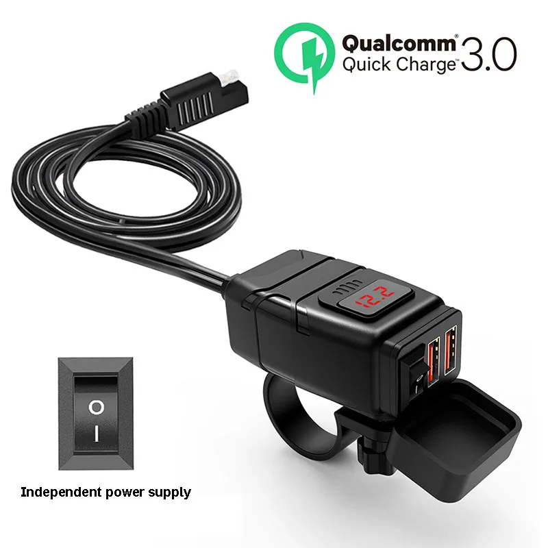 Dual USB Port 12V Waterproof Motorcycle Handlebar Charger Quick Charger 3.0 with Voltmeter USB Motorcycle Charger