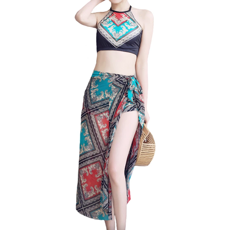 

Women's Three Pieces Swimsuit Bikini Cover Up Set For Women Slit Beach Skirt Girls Bathing Suit With Boxer Bandage Swimwear 3PCS