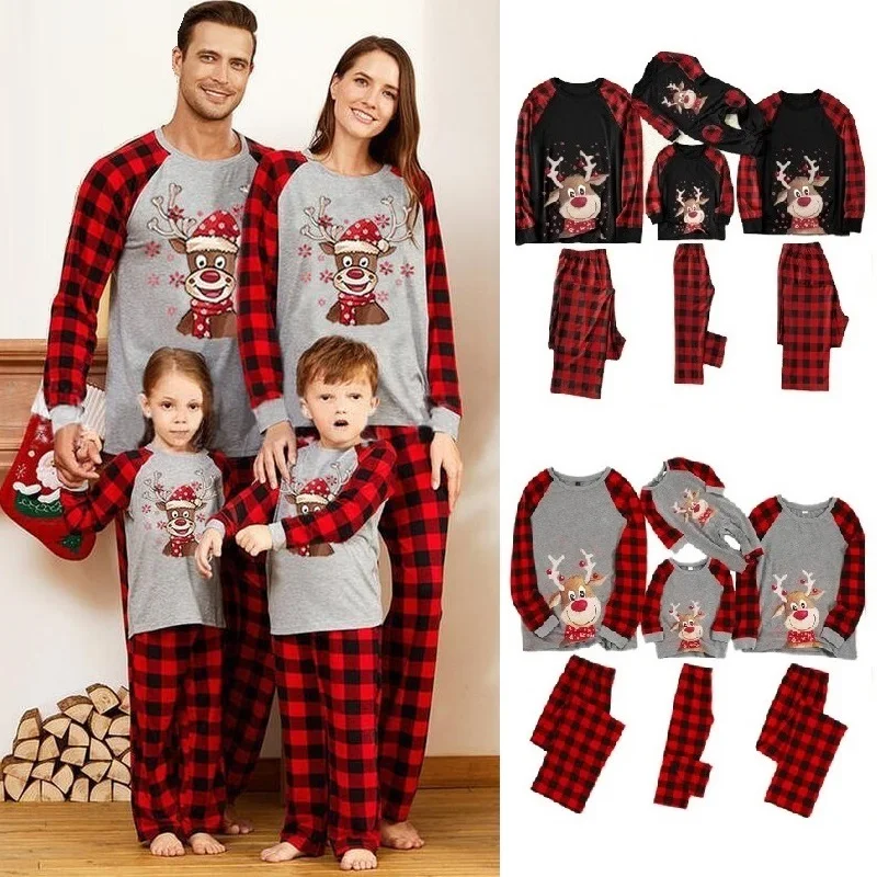 Conjunto de pijama navideño de ciervo a cuadros, ropa de dormir a juego para familia, Padre, Madre,