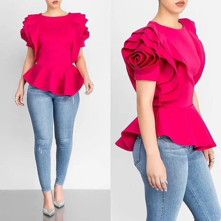 

Women Blouse Tops Shirt Layers Petal Sleeves Elegant Fashion Spring Summer Rose Red Blue Black White Bluas Ruffles Classy Lady