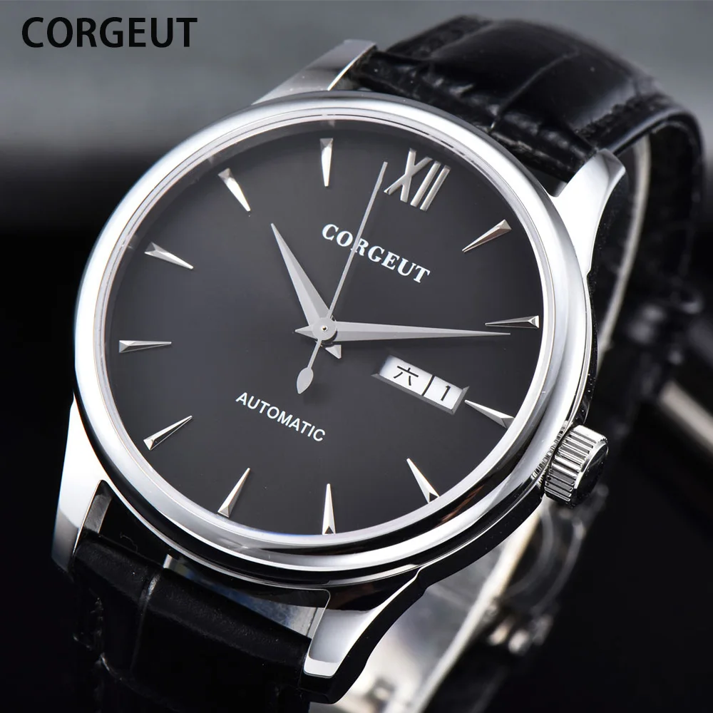 

CORGEUT Men Aviator Watch Brand Mechanical Sapphire Automatic Military Citizen Movement Week Calendar Waterproof Leather Watch