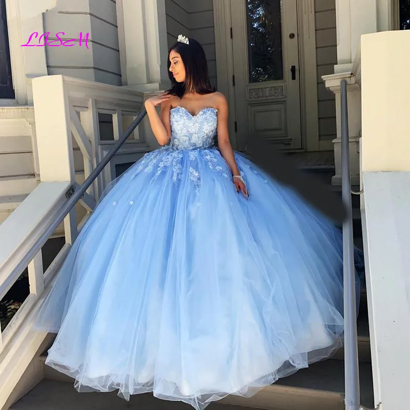 Vintage Light Blue Ball Gown Quinceanera Dresses Sweetheart Lace Appliques Sweet 16 Dress Long Prom Party Gowns Vestidos 15 anos