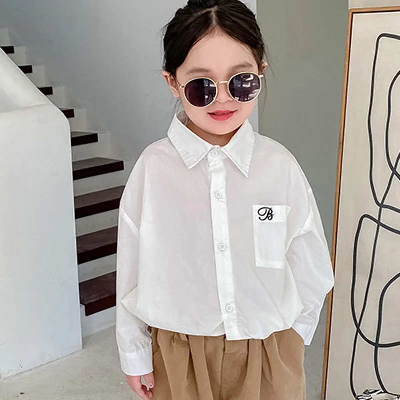 

Girls White Blouse Long Sleeve Button Down Shirts Princess Cotton Loose Soft Tops Spring Sleeve Ruffle Shirt