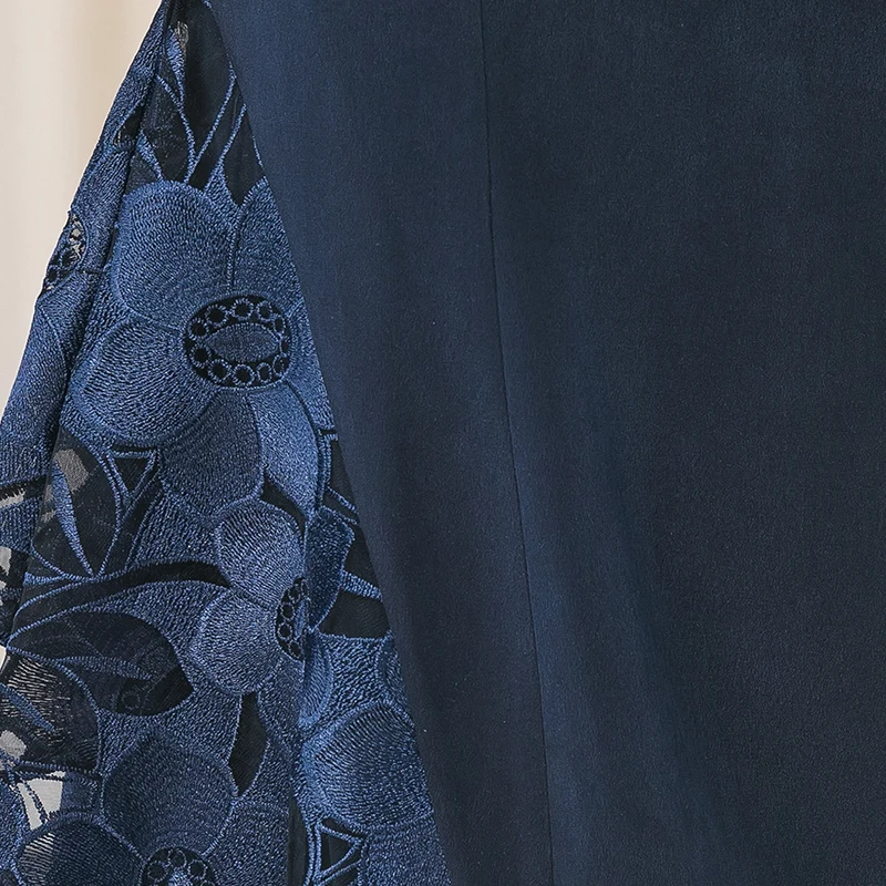 

VOA Silk Round Neck Dress AE795 Embroidered Three-dimensional Decorative Navy Blue Elegant Short-sleeved Dresses for Women Party