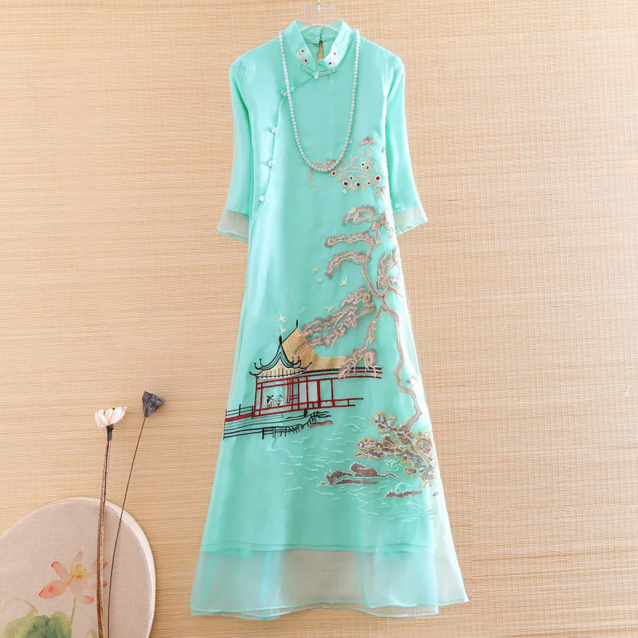 Высококачественное летнее женское платье Ципао из органзы в китайском стиле