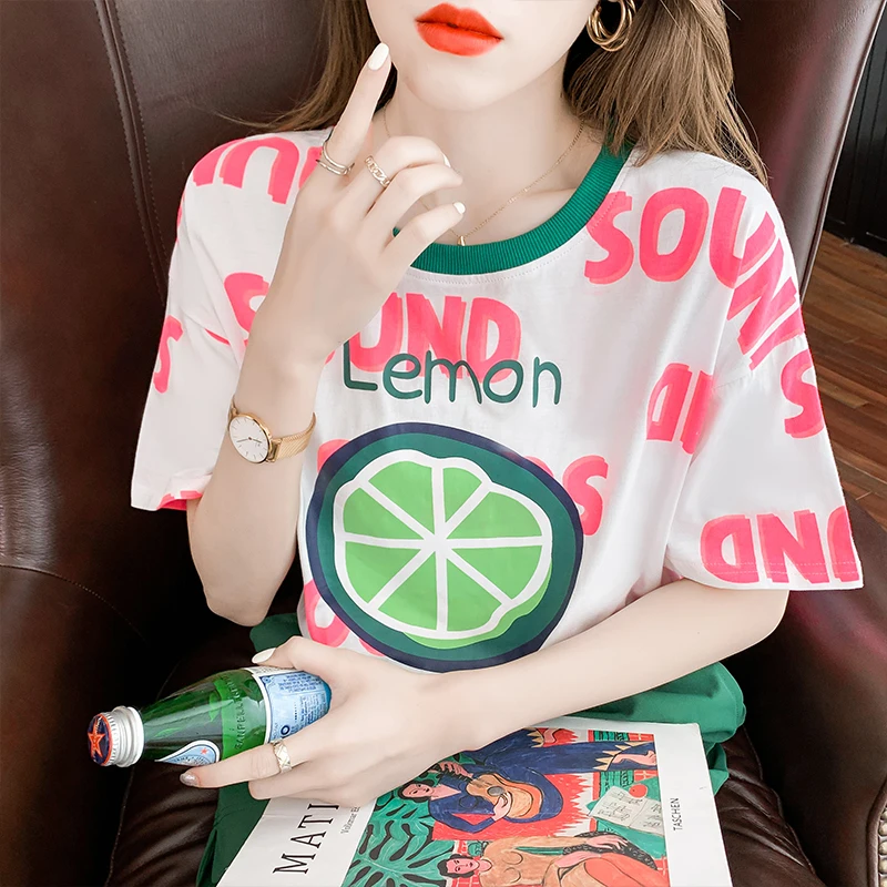 

White Short-Sleeved T-shirt Women's Clothing Ins Trendy 2021 New Short High Waist Lemon Top Clothes Summer Korean Style Loose