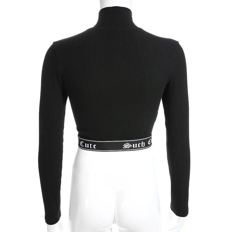 

Europe Women Zipper Neckline Gothic Letter Elastic Bandage Tight Short Crop Tops Turtleneck Spring Streetwear Fashion Clothes