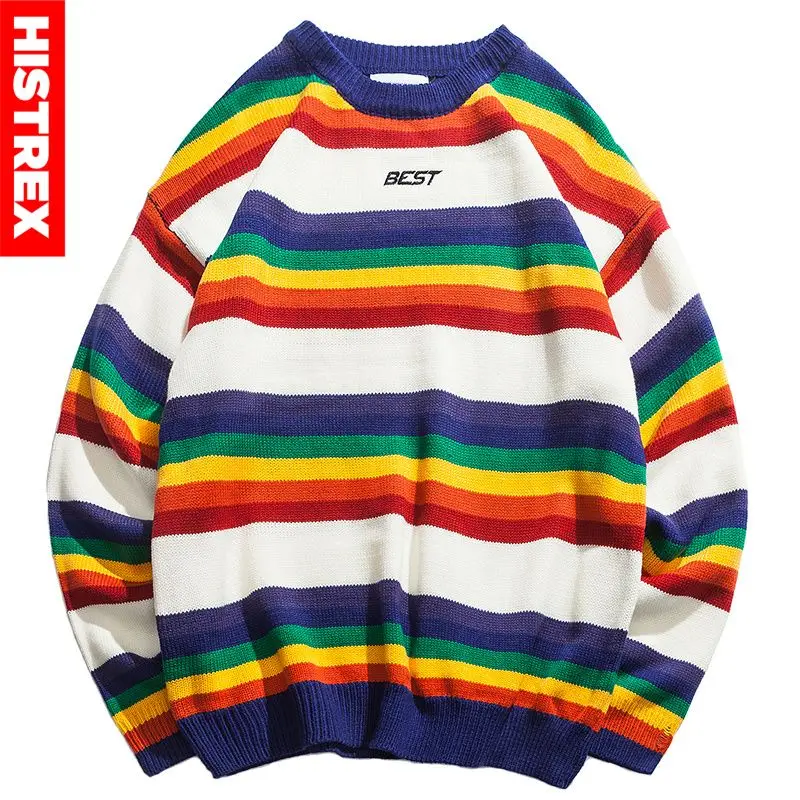 Мужской свитер в стиле Харадзюку Радужный трикотажный Полосатый пуловер ретро