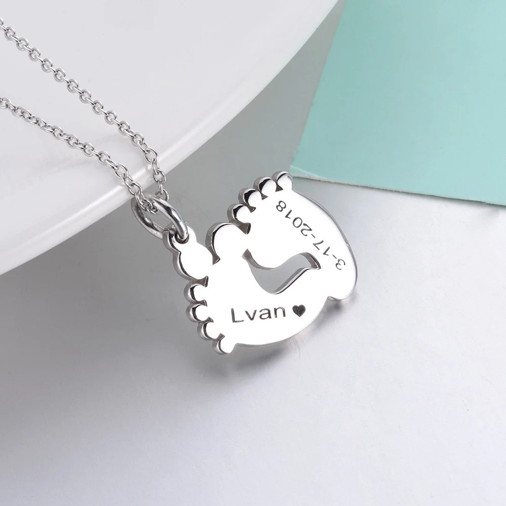 

HUHUI Personalized Engraved Name Footprint Pendant Customized Date Letter Stainless Steel Necklaces For Women MOM Birthday Gift