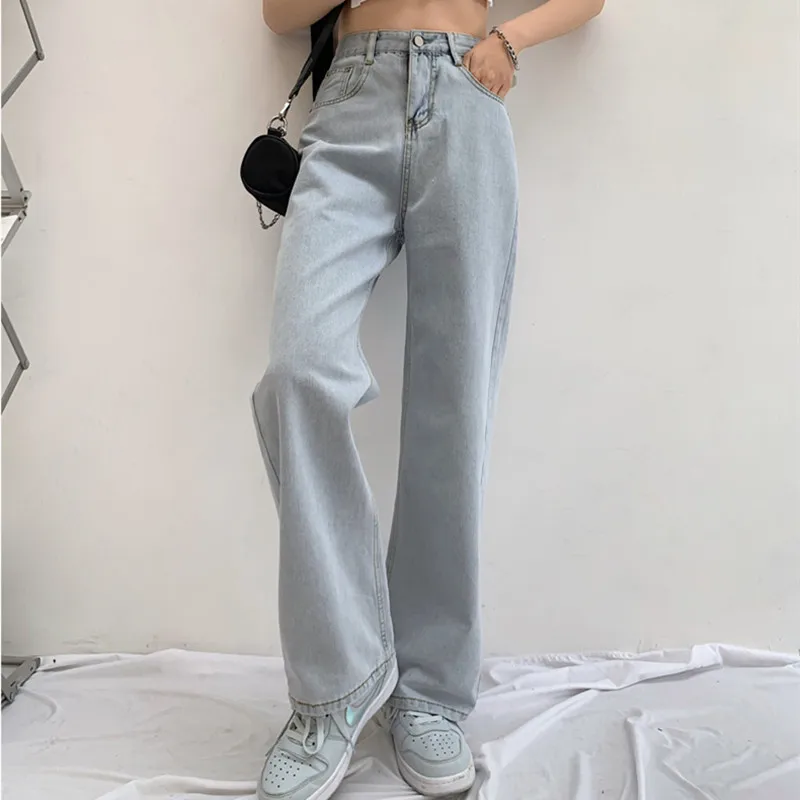 

Женские джинсы с высокой талией, джинсовая одежда с широкими штанинами, синяя уличная одежда, винтажные Качественные прямые брюки в стиле Х...