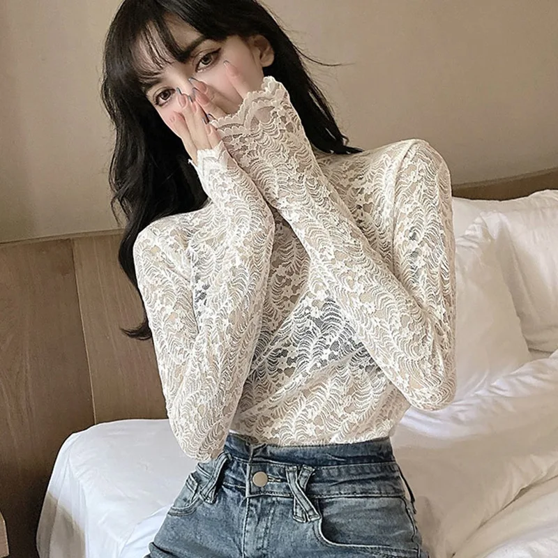

Sexy See-through Lace T Shirt Women Fashion Hollow Out Long Sleeve Bottoming T Shirts Female Solid Color Half High Collar Tops/