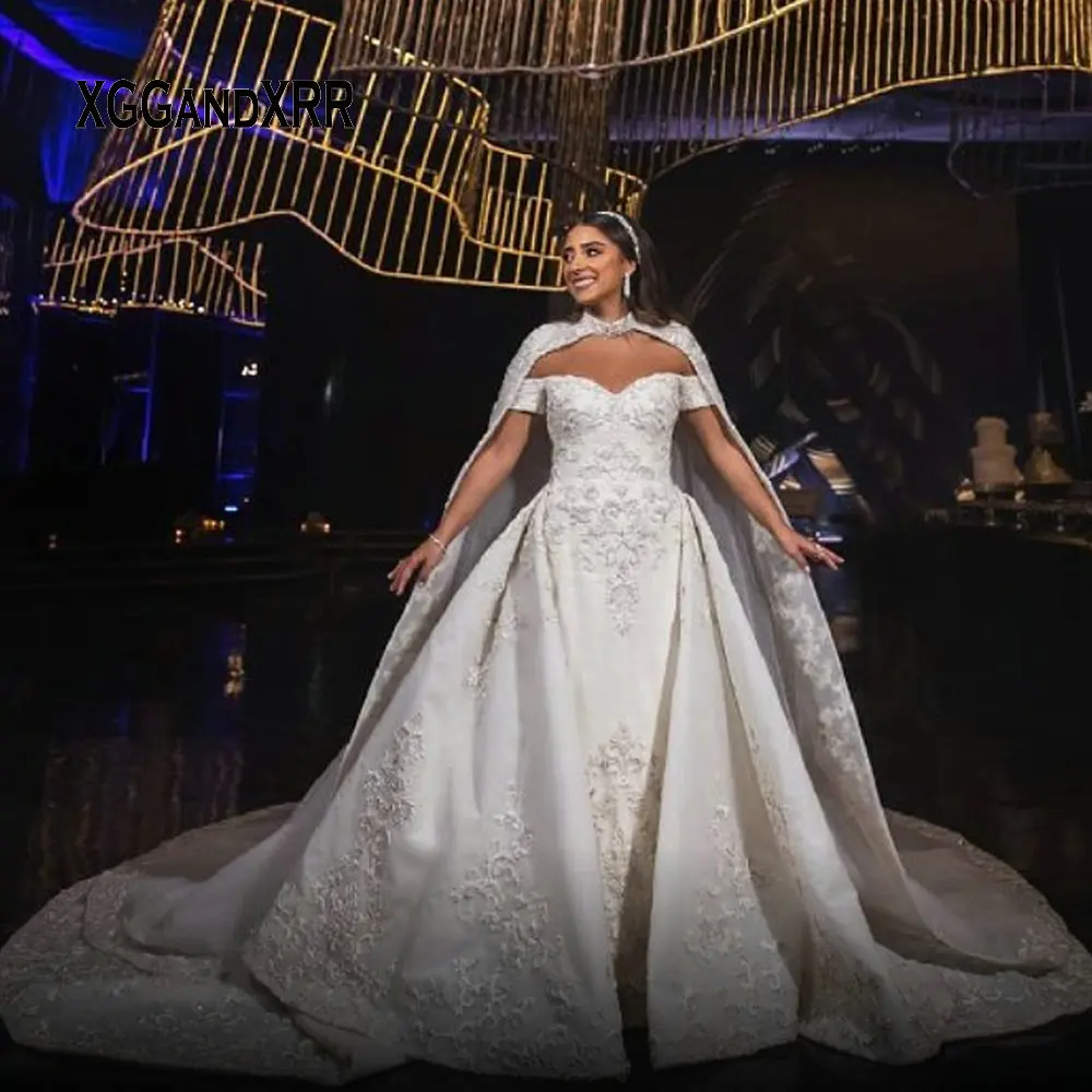 

Luxury Dubai Wedding Dress 2020 Sweetheart Off Shoulder Backless With Cape Watteau Long Train Beading Crystal White Bridal Gown
