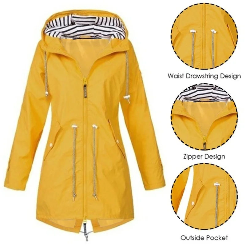 Women Waterproof Zipper Rain Jacket Solid Color Ladies Outdoor Mountaineering Lightweight Raincoats Plus Size S-5XL