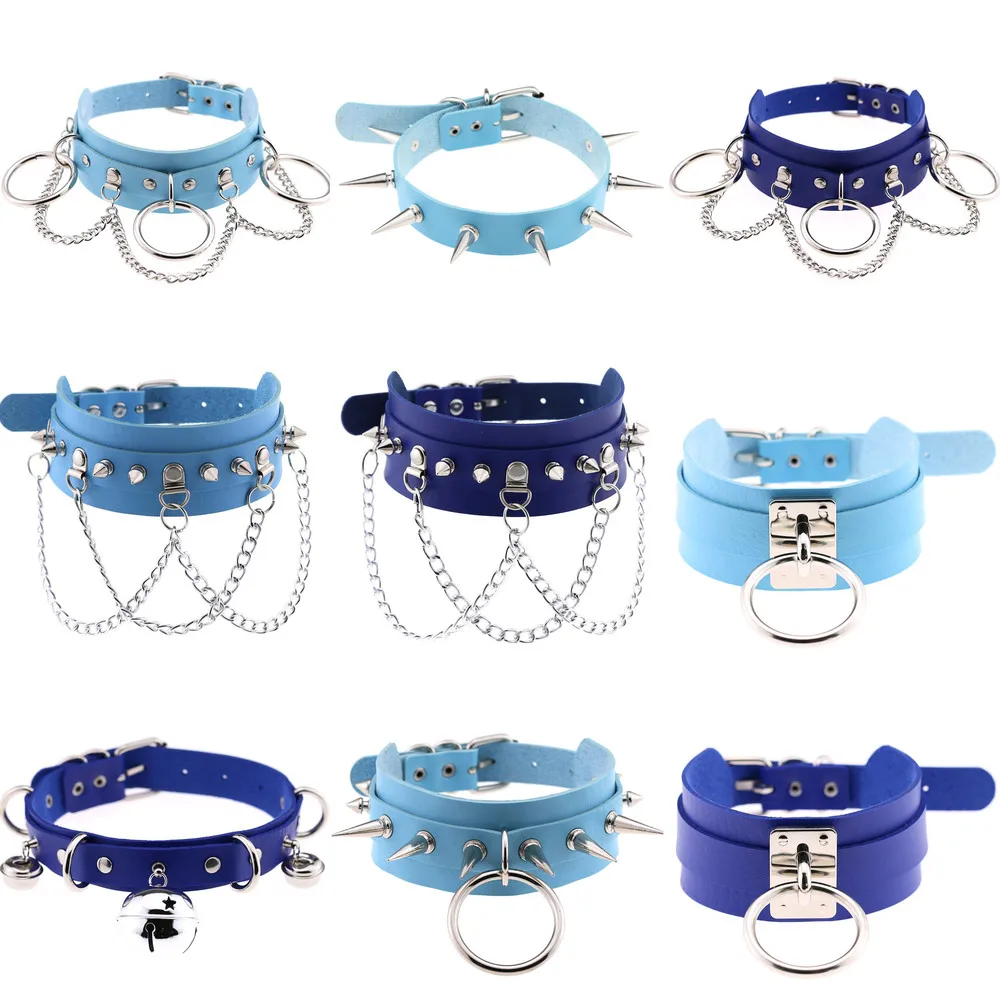 Ожерелье-чокер женское кожаное многослойное в готическом стиле с сердцем синего