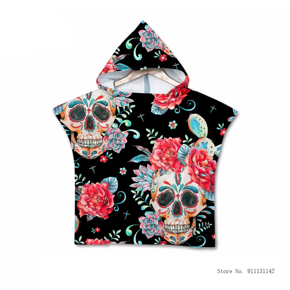 

Fashionable Floral Skull Double-sided Print Children's Beach Towel Quick-dry Hooded Towel Swimming Sunshade Holiday Beach Robe