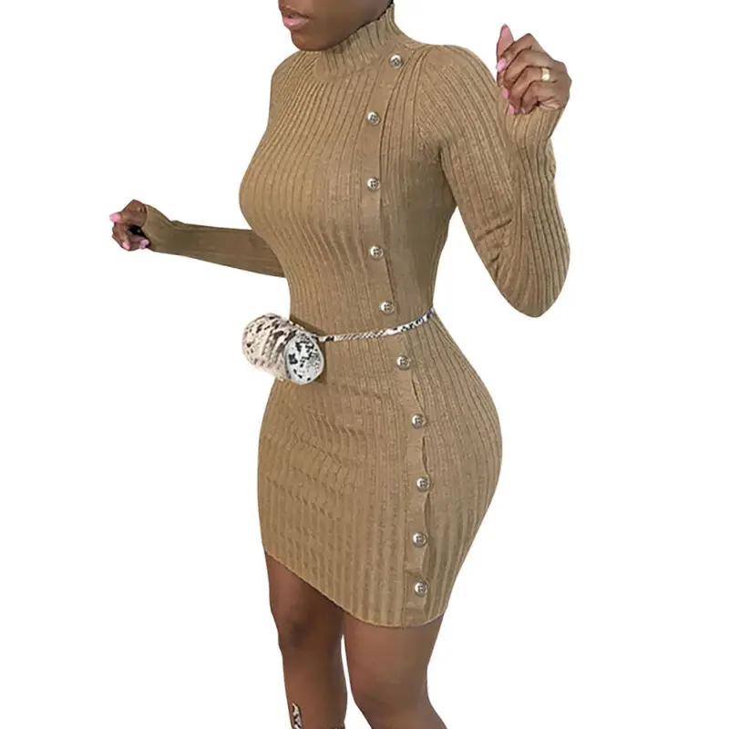 

Womens Dress Knitted Bodycon Mini Dress High Collar Long Sleeve Ribbed Pullover vestido feminino Slim Fit Dresses for Women