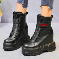 increasing height military women genuine leather platform wedge ankle boots high heels chunky creepers goth pumps