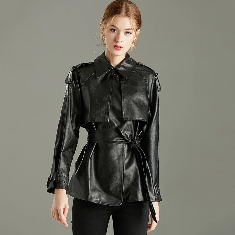 Куртка женская из мягкой ПУ кожи с отложным воротником и поясом | Женская одежда