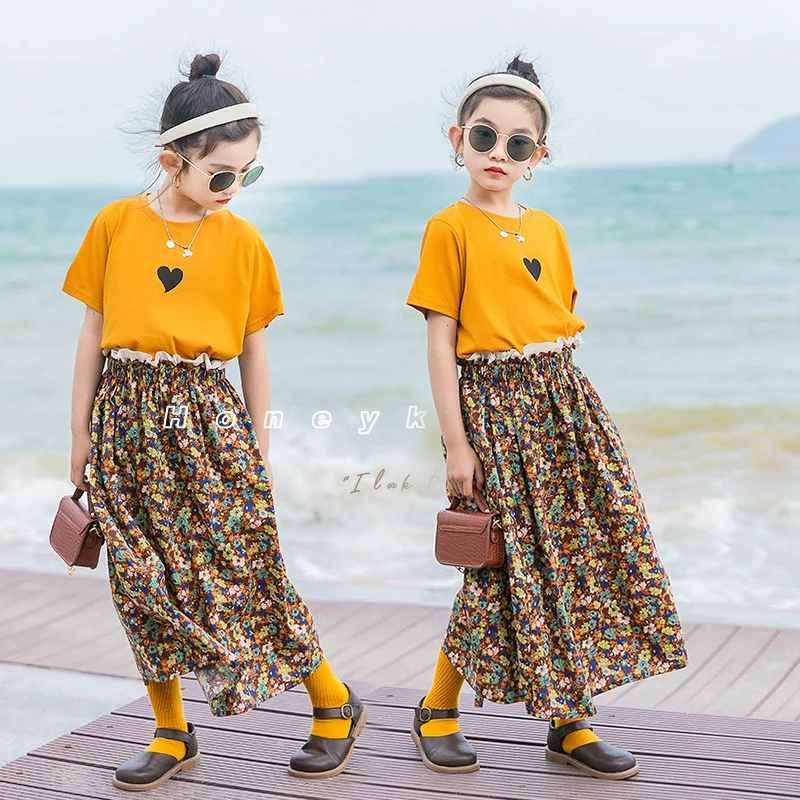 

Girls Summer Clothes Set 2021 French Style Yellow T-shirt Floral Skirt 2Pcs Suit for Children Clothes Cotton Girl Casual Outfit