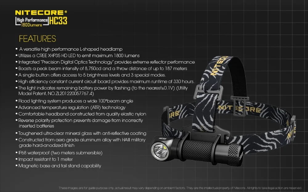 NITECORE HC33 головной светильник CREE XHP35 HD max 1800 люмен LED фара дальность луча 187 напора светильник с 18650 3500 мА/ч, литий ионный аккумулятор