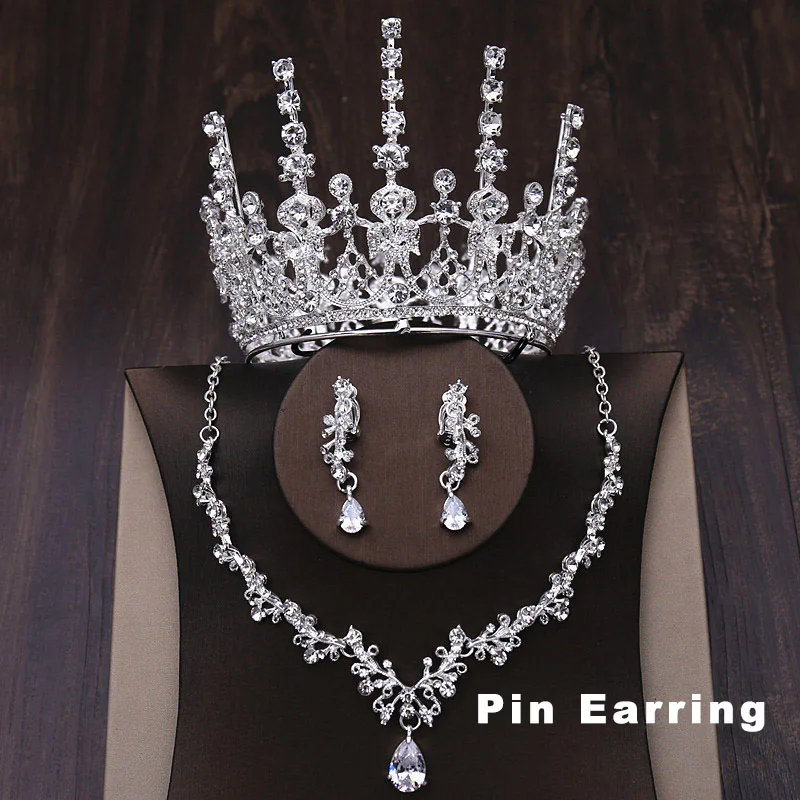 Silver Crown Set Pin Свадебные комплекты ювелирных изделий барокко круглый набор с тиарой полный круг Корона Ожерелье Серьги Королева Принцесса пышный день рождения корона ребенок - Окраска металла: Silver Crown Set Pin