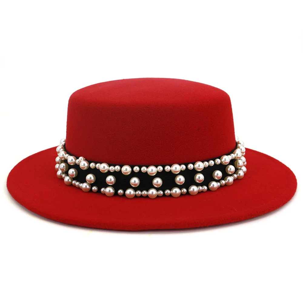 

Pearl Ribbon Vintage Wide Brim Felt Wool Fedora Hat Women Flat Top Jazz Round Caps Bowler Elegant Lady Church Hats Black Red