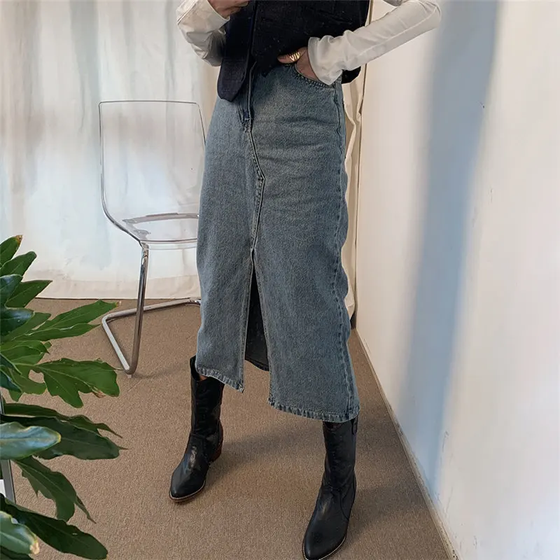 Женская джинсовая юбка Alien Kitty винтажная облегающая универсальная длинная с