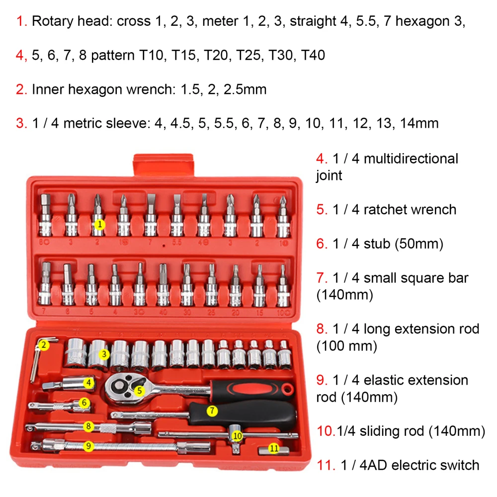 

Car Repair Tool Wrenchs Socket Spanner Professional Universal 46pcs Bit Kit High-carbon Steel Multifunction Key Ratchet