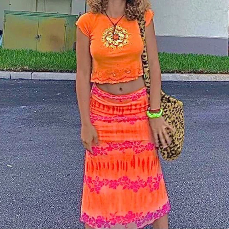 

New Summer Women High Waist Skirt Beach Casual Style Skirts Female Floral Printing Orange Midi Skirt Party Holiday Clothing 2021