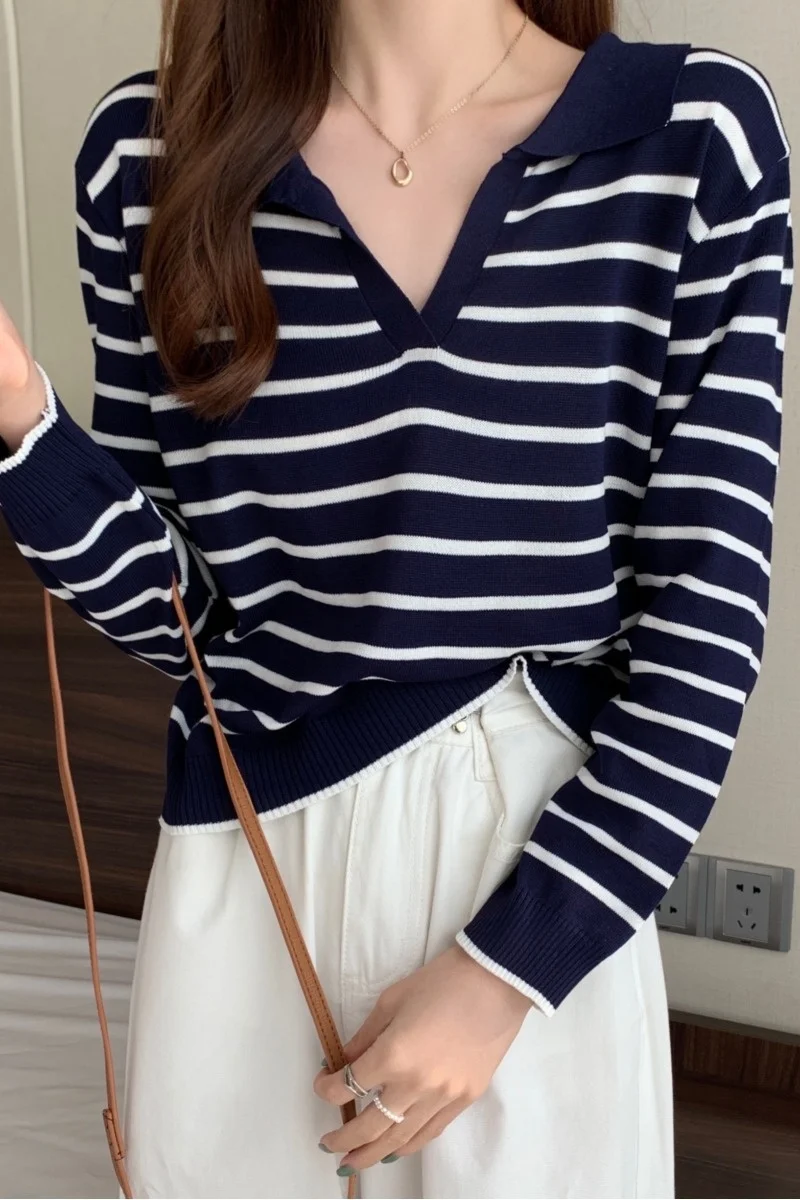 Женская футболка в полоску с V-образным вырезом и длинным рукавом | одежда