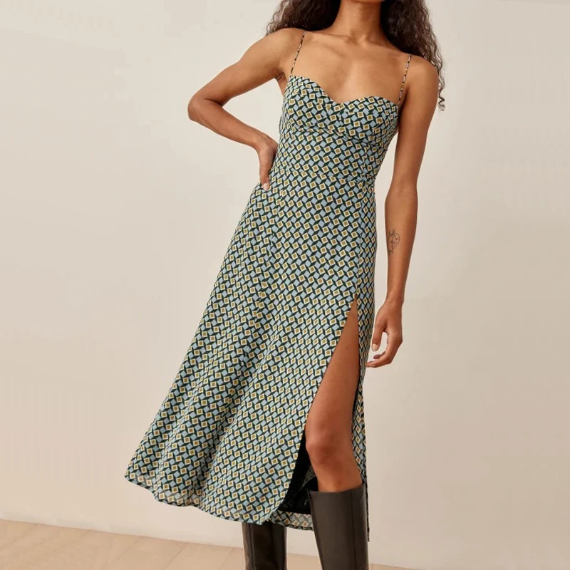 

Женское повседневное приталенное платье на бретелях, летнее клетчатое платье с разрезом