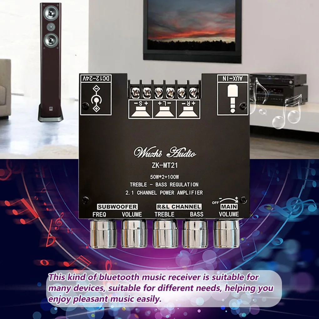 

ZK-MT21 TPA3116 2.1 Channel Bluetooth 5.0 Subwoofer Amplifier Board 50WX2+100W Power Audio Stereo Amplifier Board Bass AMP AUX