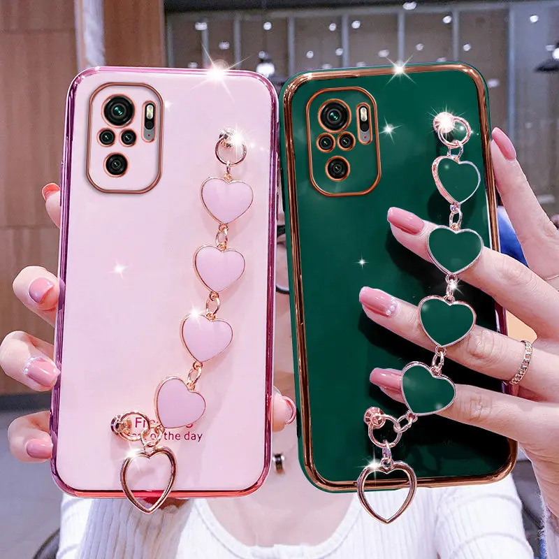 for redmi note10s case luxury love heart wrist chain phone case for redmi note 10 10pro 9a 9c 9s 9 9t 8t 8pro 8a 7 poco m3 case free global shipping