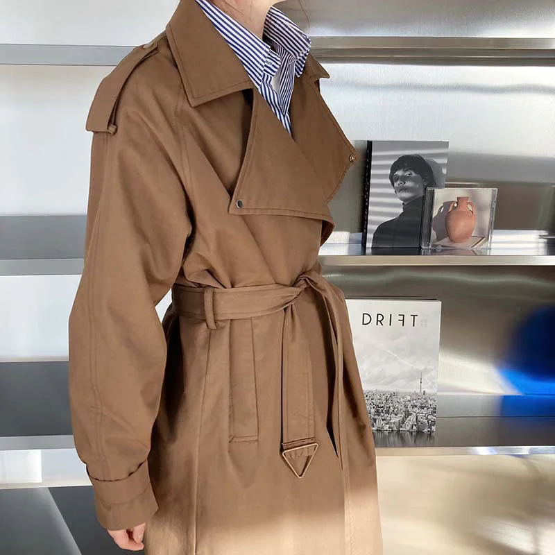 

Spring stylish women's trench casual solid color belt decoration loose long trench coat