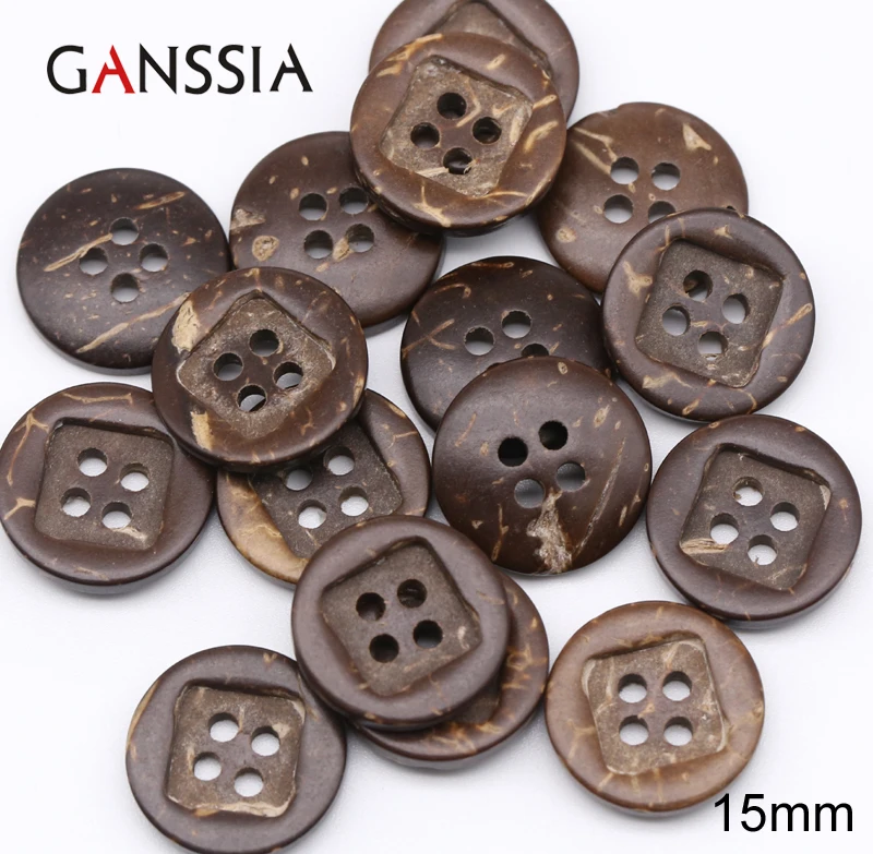 

50 шт./лот Размер: 15 мм натуральный цвет кокосовое деревянная круглая кнопка с 4 отверстиями Кнопки для прошитая вручную аксессуары (kk-422)