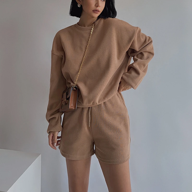 

Women High Quality Tracksuits 2 Piece Set Summer Autumn Sweatshirt + Sporting Shorts Outfit Solid Color Suit