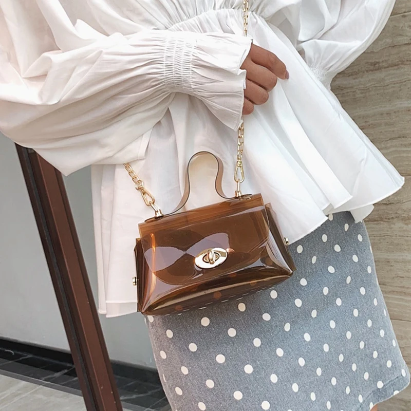 New Fashion Personality Wild Transparent Jelly Chain Shoulder Slung Small Square Bag |