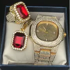 Роскошные мужские часы золотистого цвета, красное ожерелье и кольцо, комбинированный набор часов, Кристальное Ожерелье Майями, ожерелье, рэпер, лед, кубинское, хип-хоп, для мужчин