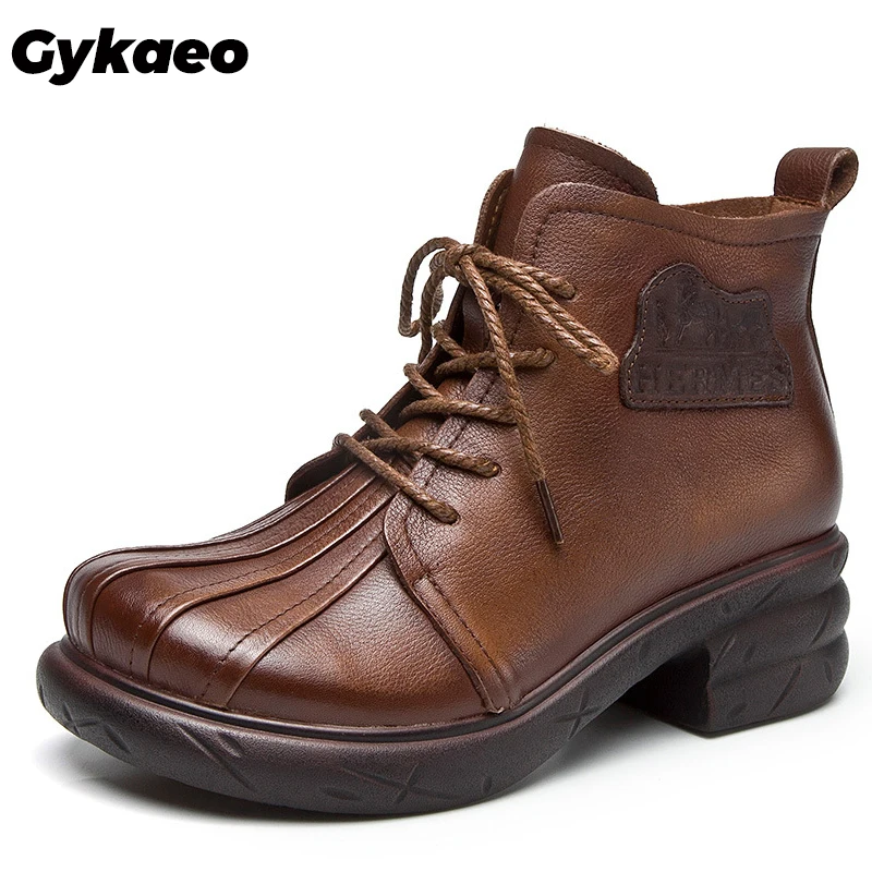 Gykaeo модные женские ботинки на среднем каблуке ботильоны из натуральной кожи
