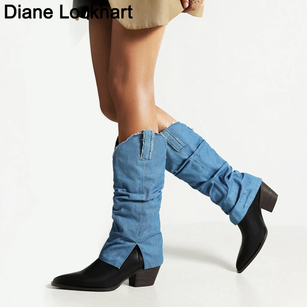 

Fashion Denim PU leather Women Boots Pointed toe Western Cowboy Boot Woman Pleated Knee-High Boots Chunky Wedges Bottes Femelle
